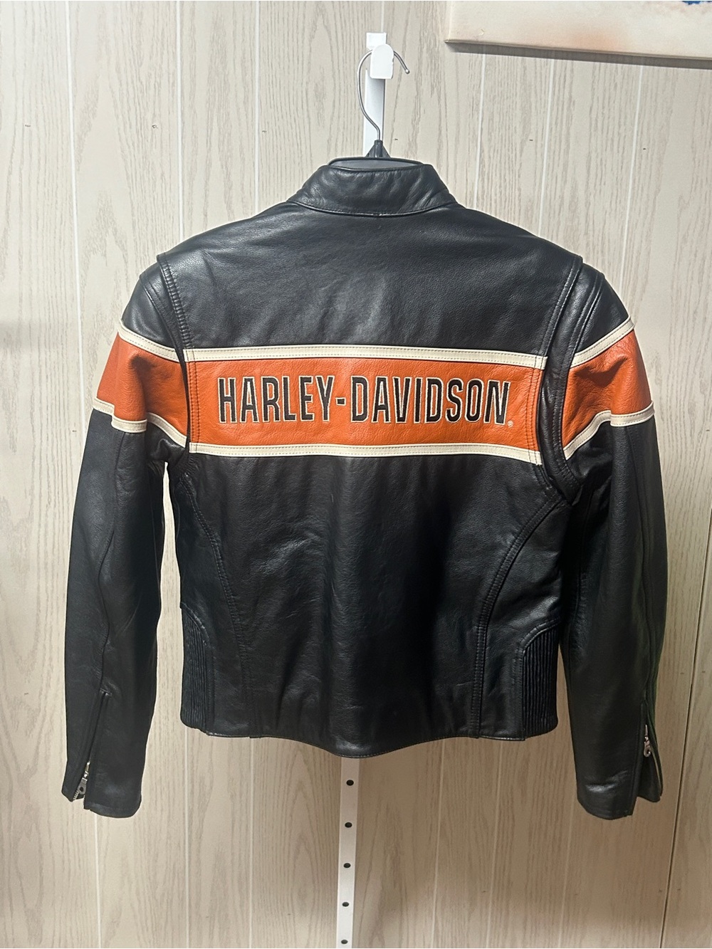 Harley Davidson Womens VICTORY LANE Leather Jacket Orange Stripe Size Small - Picture 2 of 9